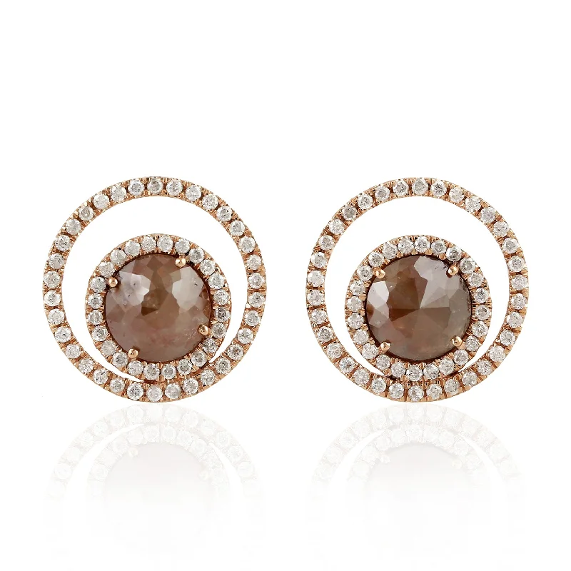 Stud Earrings with Crown Designs -Studded Ice Diamond Circle Stud Earrings 18k Rose Gold Handmade Jewelry Gift