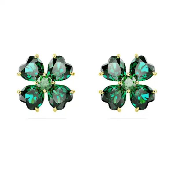 Stud Earrings with Debossed Designs -Swarovski Idyllia stud earrings Clover, Green, Gold-tone plated 5666236