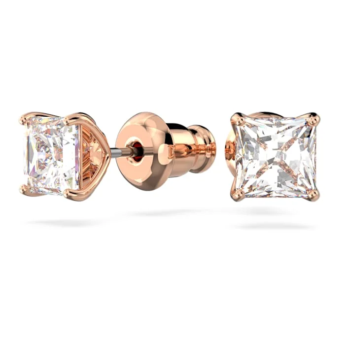 Stud Earrings for Travel Look -Swarovski Attract stud Earrings Square cut crystal, White, Rose-gold tone plated 5509935