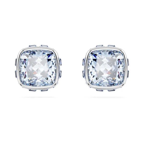 Stud Earrings for Christmas Party -Swarovski Birthstone stud earrings Square cut, March, Blue, Rhodium plated 5660800