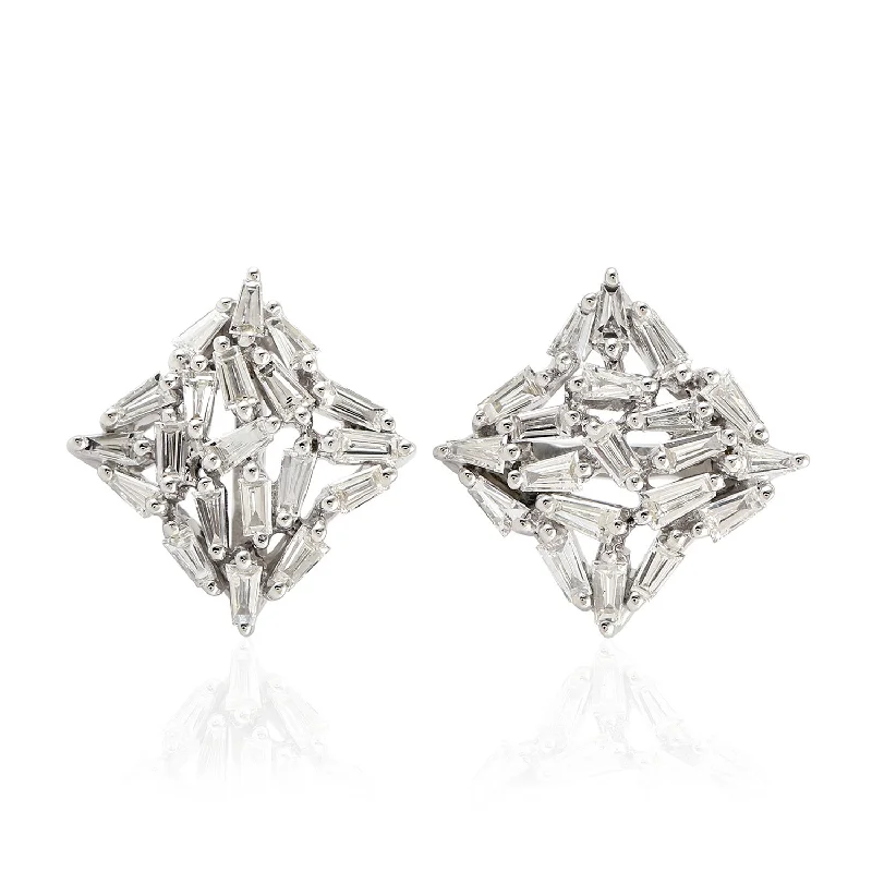 Stud Earrings with Debossed Designs -Tapered Baguette Diamond Cluster Stud Earrings In 18k White Gold