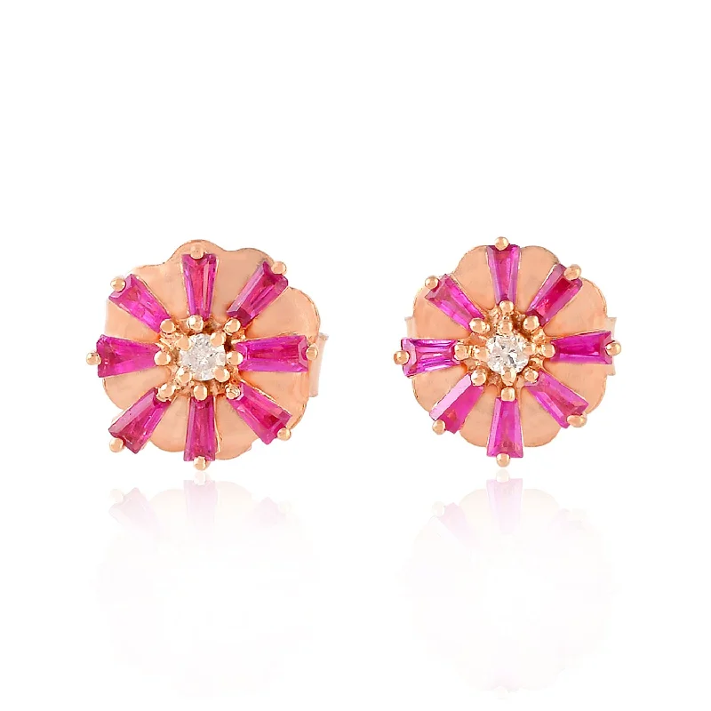 Diamond Stud Earrings for Luxury -Tapered Baguette Ruby Prong Diamond Flower Stud Earrings In 18k Rose Gold Jewelry For Her