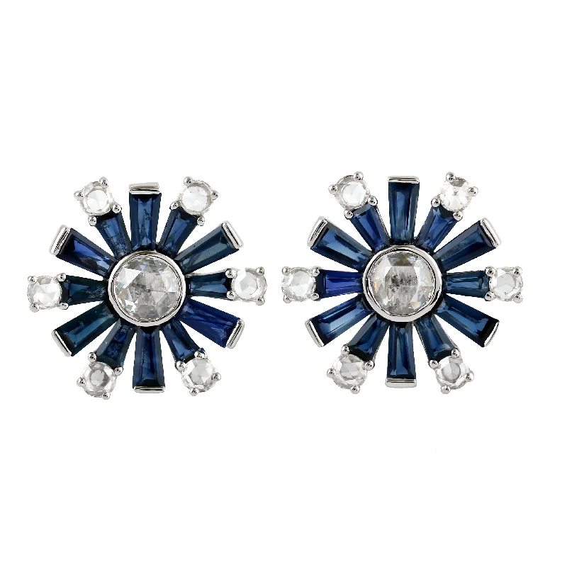 Lightweight Stud Earrings for All Day -Tapered Baguette Sapphire Diamond Sun Burst Design Stud Earrings In 18k White Gold