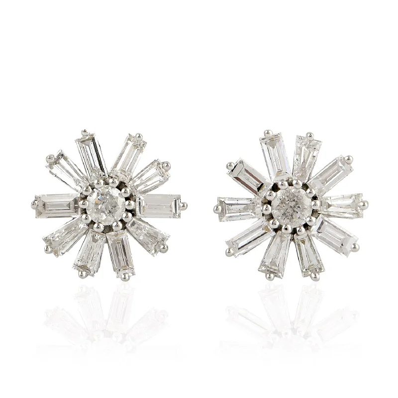 Stud Earrings for Evening Gown -Tapered Diamond Sun Burst Design Stud Earrings In 18k White Gold