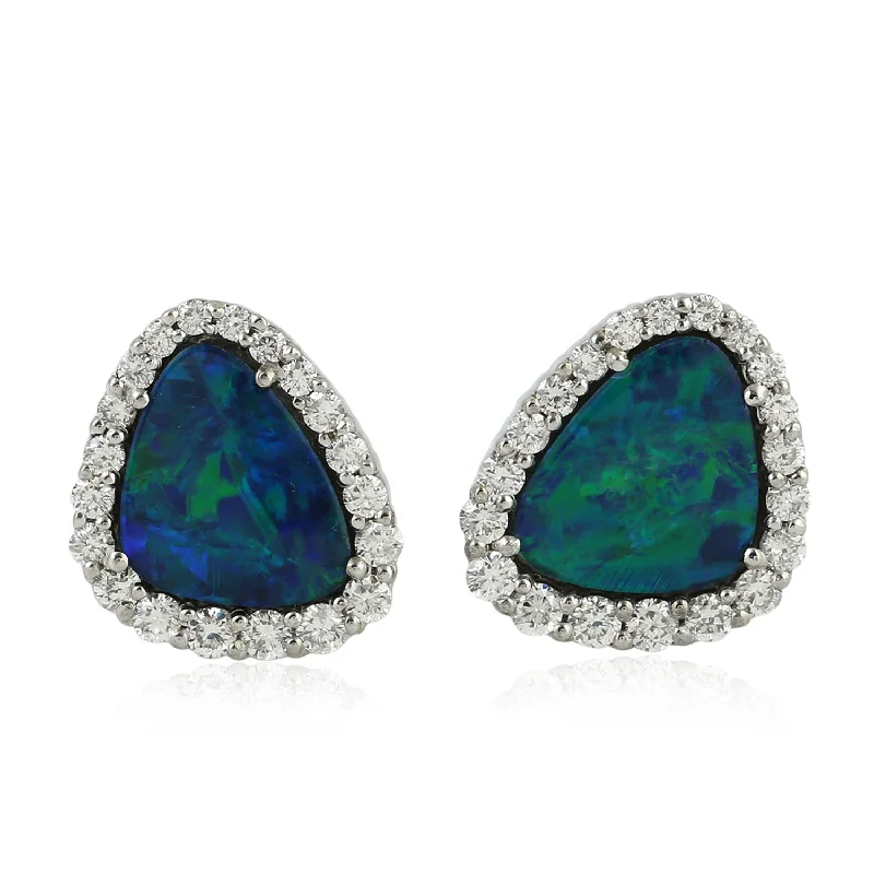 Detachable Stud Earrings with Charms -Triangle Opal Doublet Prong Diamond Stud Earrings 18K White Gold Jewelry