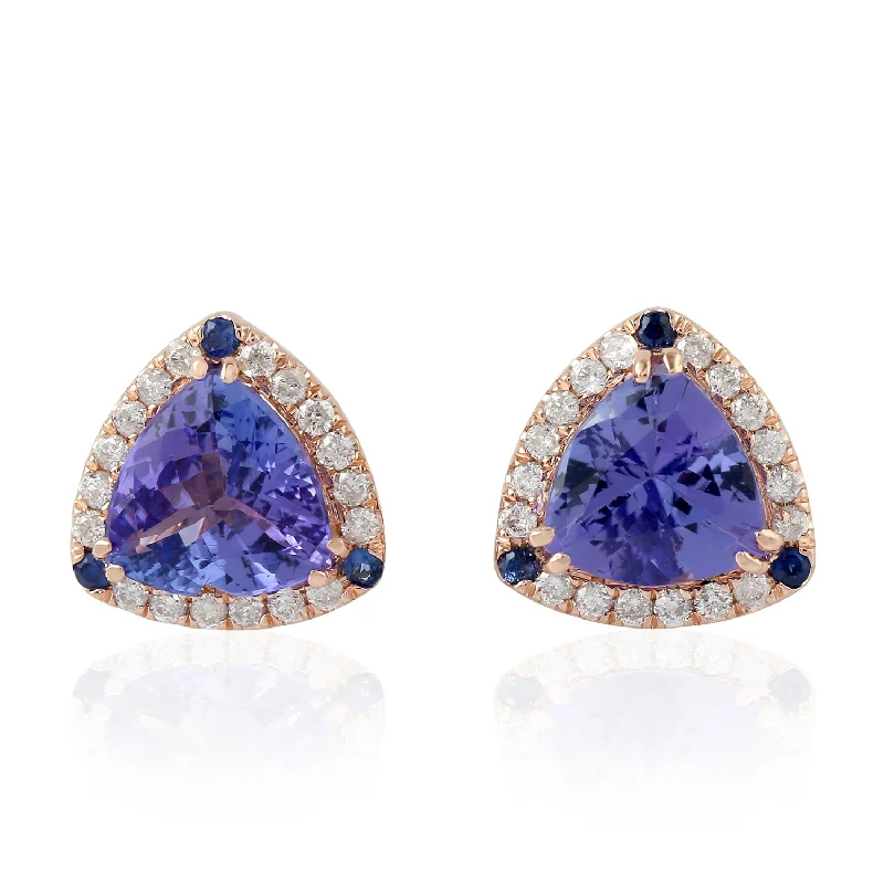 Geometric Stud Earrings for Trend -Trillion Blue Tanzanite Blue Sapphire Natural Gem Diamond Stud Earrings 14k Rose Gold