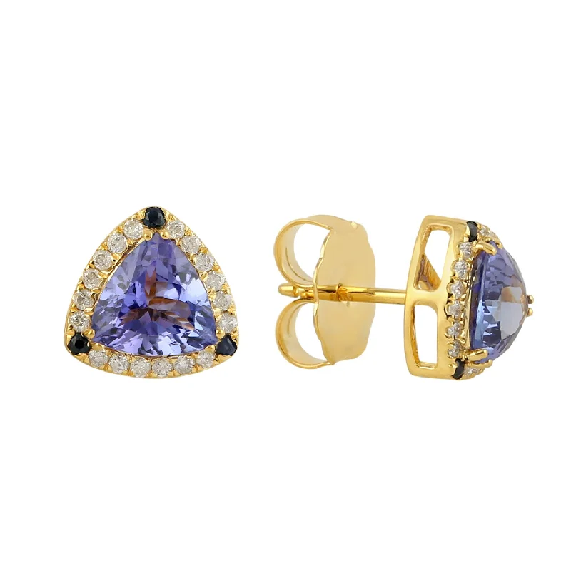 Hippie Stud Earrings with Beads -Trillion Blue Tanzanite Sapphire Diamond Stud Earrings 14k Yellow Gold