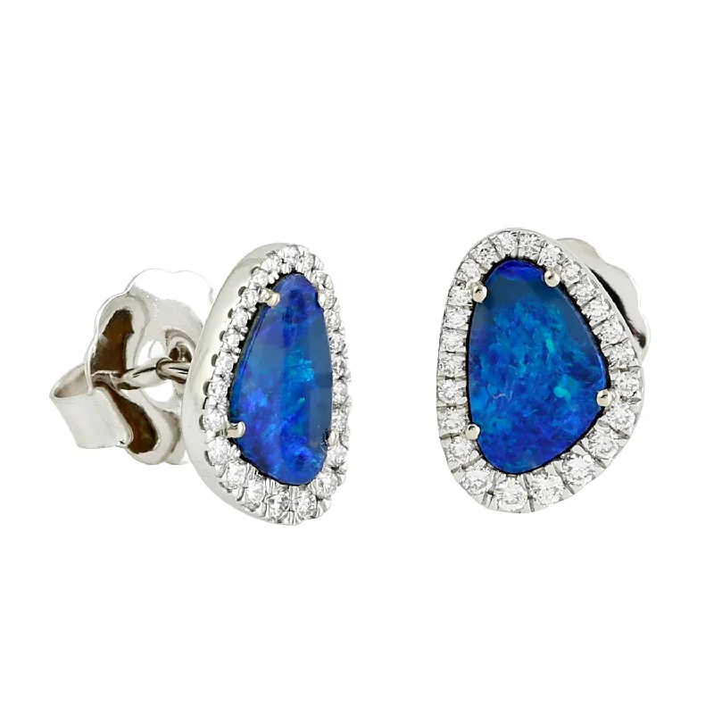 Pearl Stud Earrings for Elegance -Trillion Cut Opal Doublet Pave Diamond Handmade Designer Stud Earrings In 18k White Gold