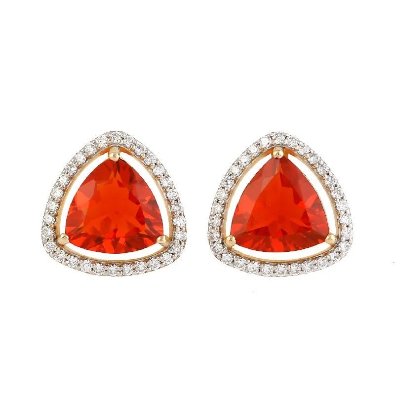 Stud Earrings for Casual Outfit -Trillion Opal Fire October Birthstone Pave Diamond Halo Stud Earrings In 18k Yellow Gold