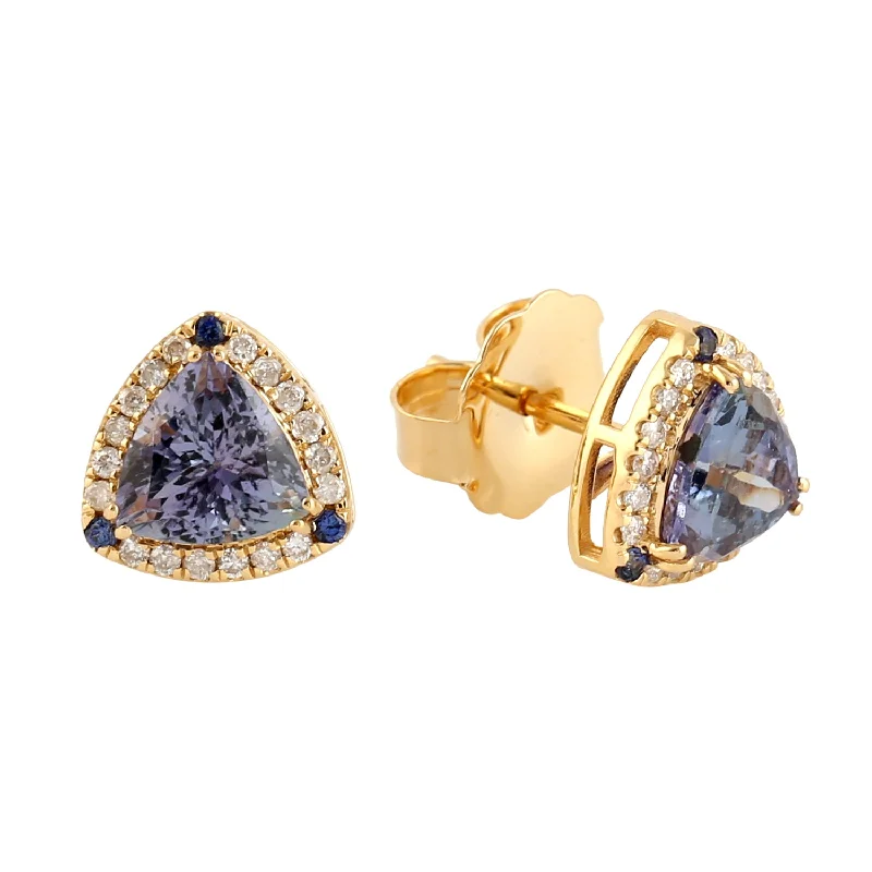 Stud Earrings with Crystals -Trillion Tanzanite Sapphire Diamond 18k Beautiful Stud Earrings