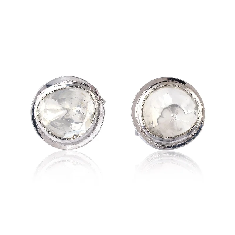 Stud Earrings with Chevron Designs -Uncut Diamond Bezel Set Stud Earrings in 18k White Gold