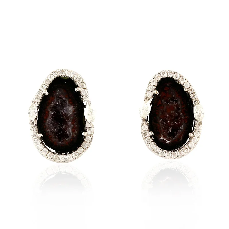 Stud Earrings for Valentine's Day -Uneven Geode Marquise Diamond Stud Earrings In 18K White Gold For Gifts