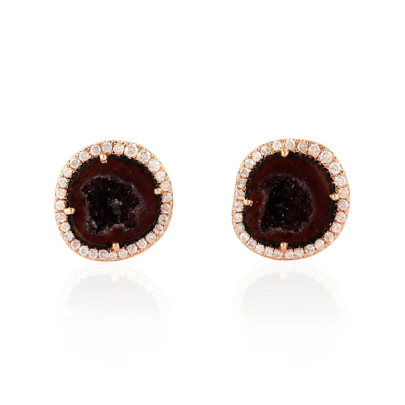 Stud Earrings for Mother's Day -Uneven Geode Pave Diamond 18K Rose Gold Stud Earrings For Her