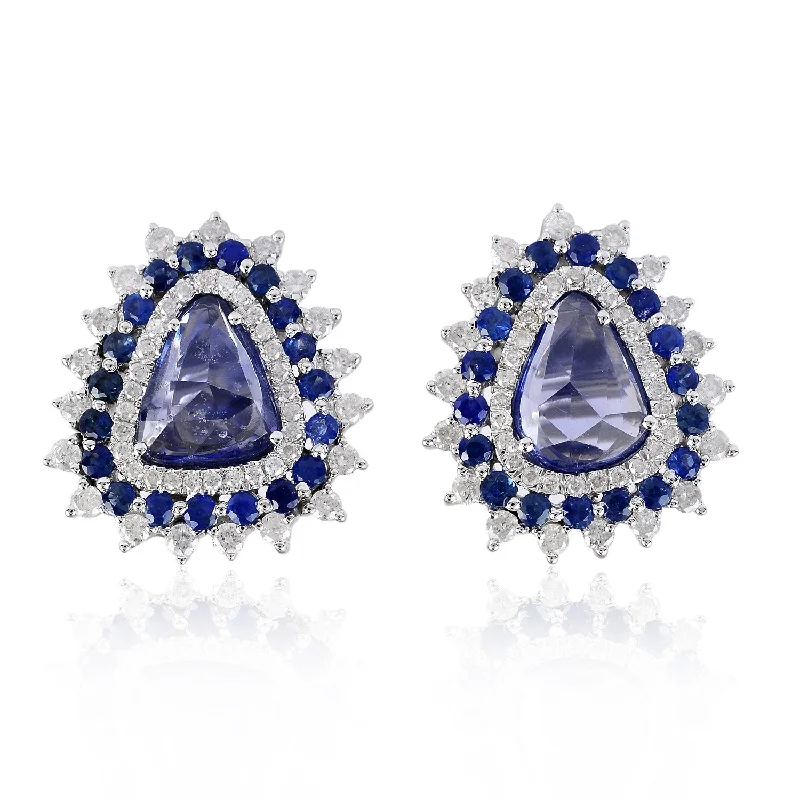 Indian Stud Earrings with Intricacy -Unshaped Blue Sapphire Prong Natural Diamond Unique Stud Earrings In White Gold For Sale