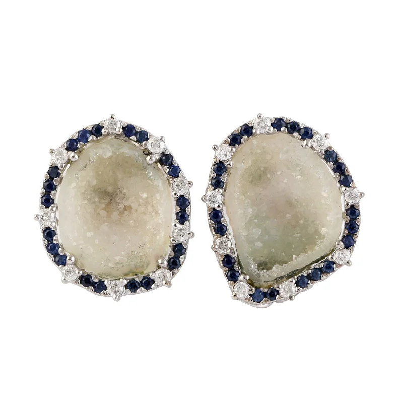 Stud Earrings for Formal Attire -Unshaped Geode Pave Sapphire Diamond Stud Earrings In 18K White Gold Jewelry For Her