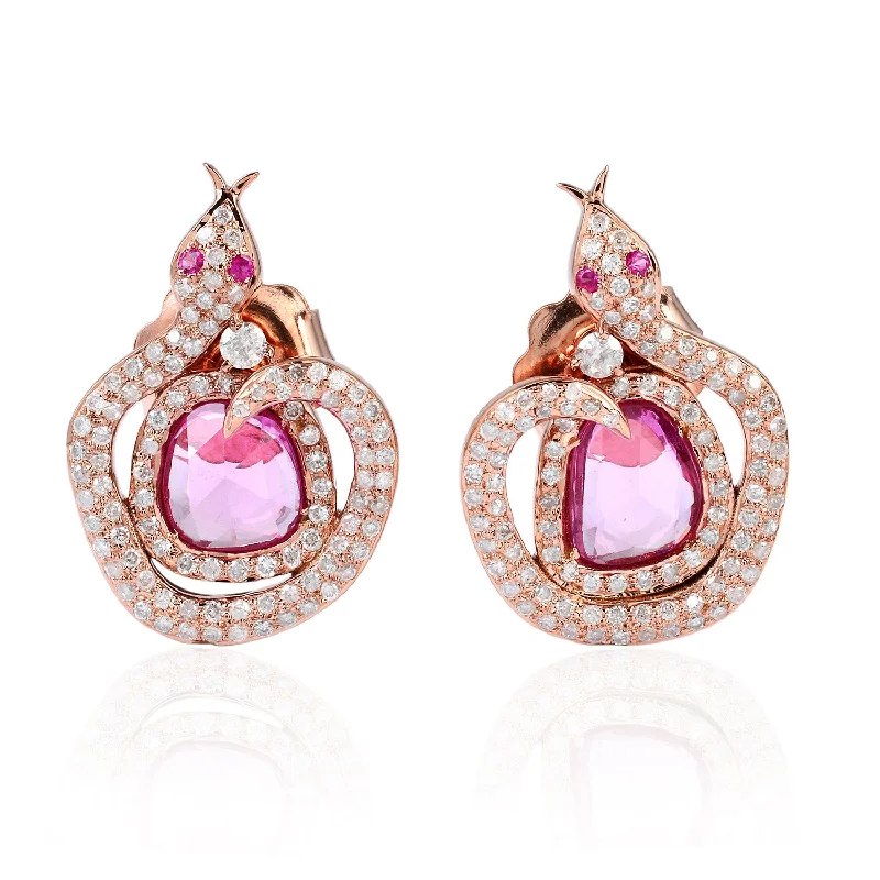 Leverback Stud Earrings for Comfort -Unshaped Pink Sapphire Pave Diamond Carved Snake Stud Earrings In Rose Gold