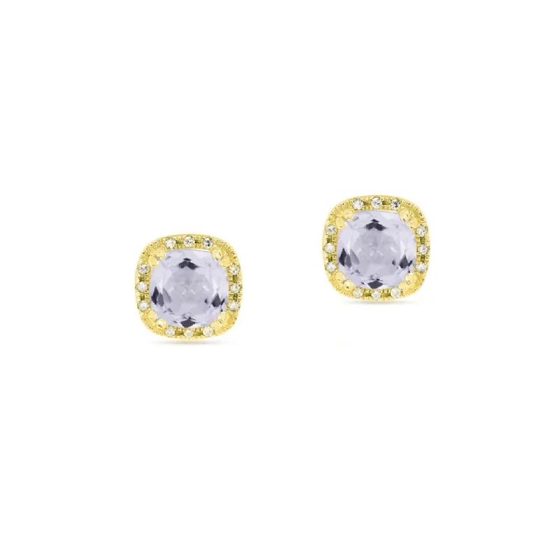 Stud Earrings with Leaf Motifs -White Topaz & Diamond Cushion Stud Earrings