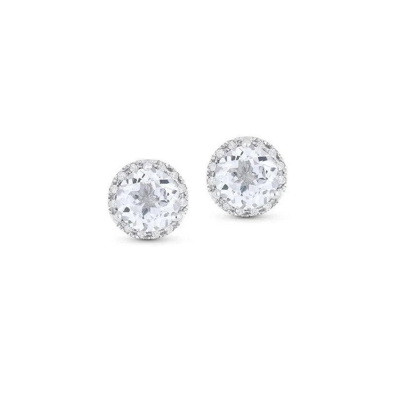 Stud Earrings with Vine Designs -White Topaz & Diamond Round Stud Earrings