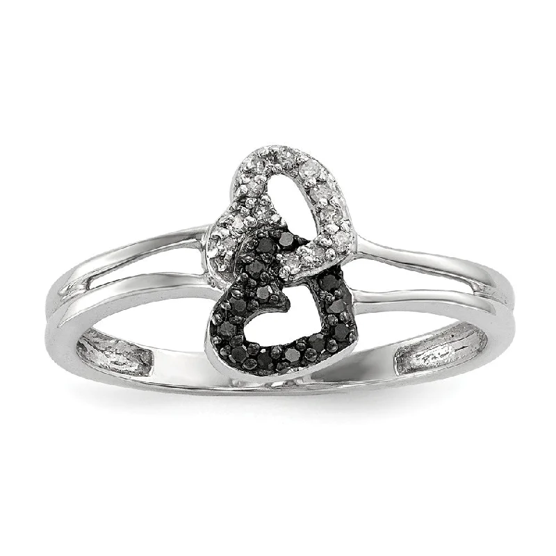 Engagement rings with subtle engraved turquoise bands -1/10 Cttw Black & White Diamond Double Heart Sterling Silver Ring