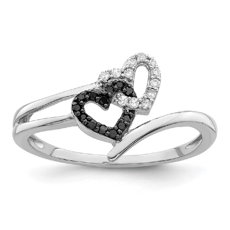 Engagement rings with sleek labradorite for glow -1/10 Ctw White & Black Diamond Double Heart Ring in Sterling Silver