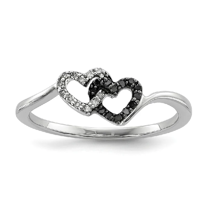 Engagement rings with sleek rose gold twists -1/10 Ctw White & Black Diamond Double Heart Sterling Silver Ring