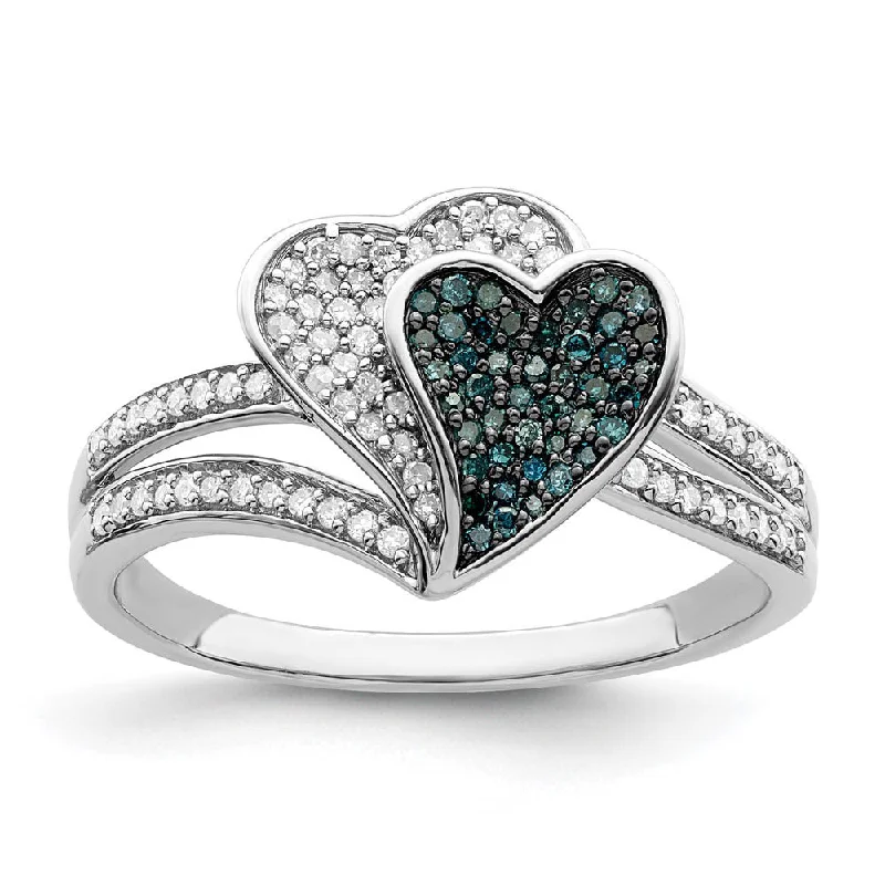 Engagement rings with cathedral-set ruby stones -1/3 Ctw Blue & White Diamond Double Heart Ring in Sterling Silver