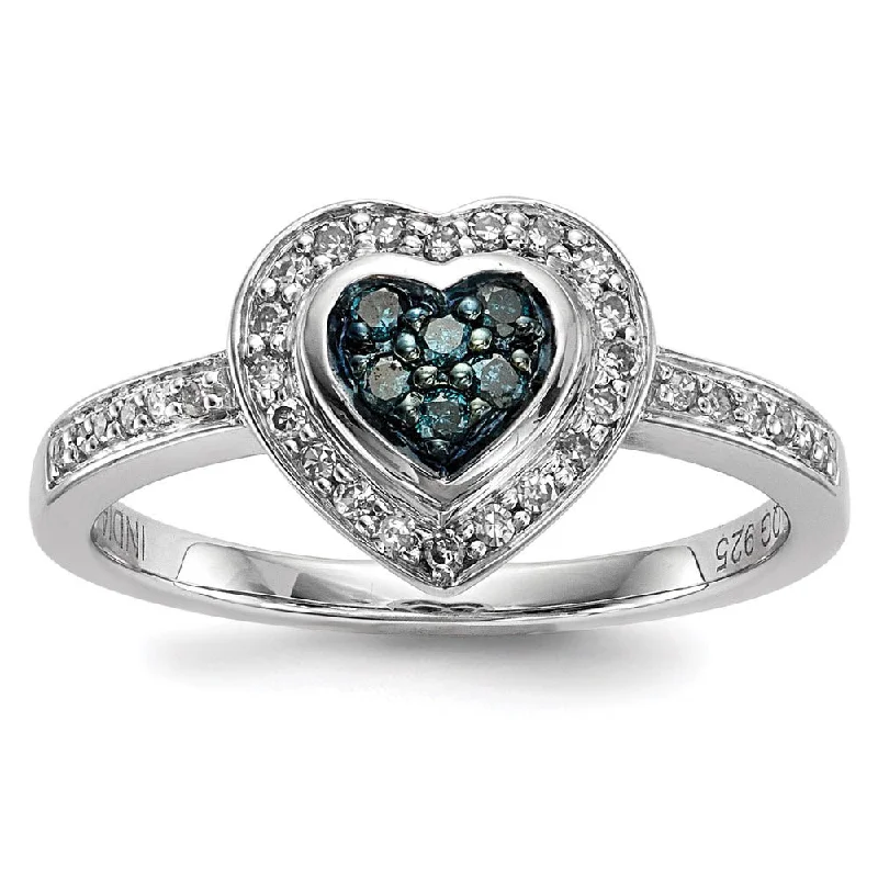 Engagement rings with tension-set peridot stones -1/4 Ctw Blue & White Diamond Small Heart Ring in Sterling Silver