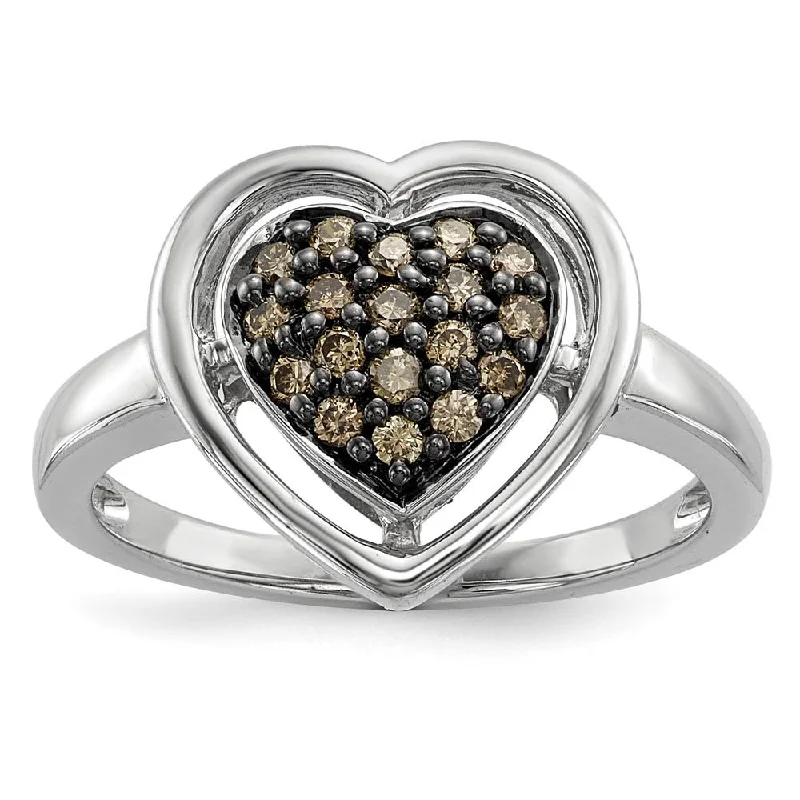 Engagement rings with sleek onyx for contrast -1/4 Ctw Champagne Diamond 14mm Heart Sterling Silver Ring