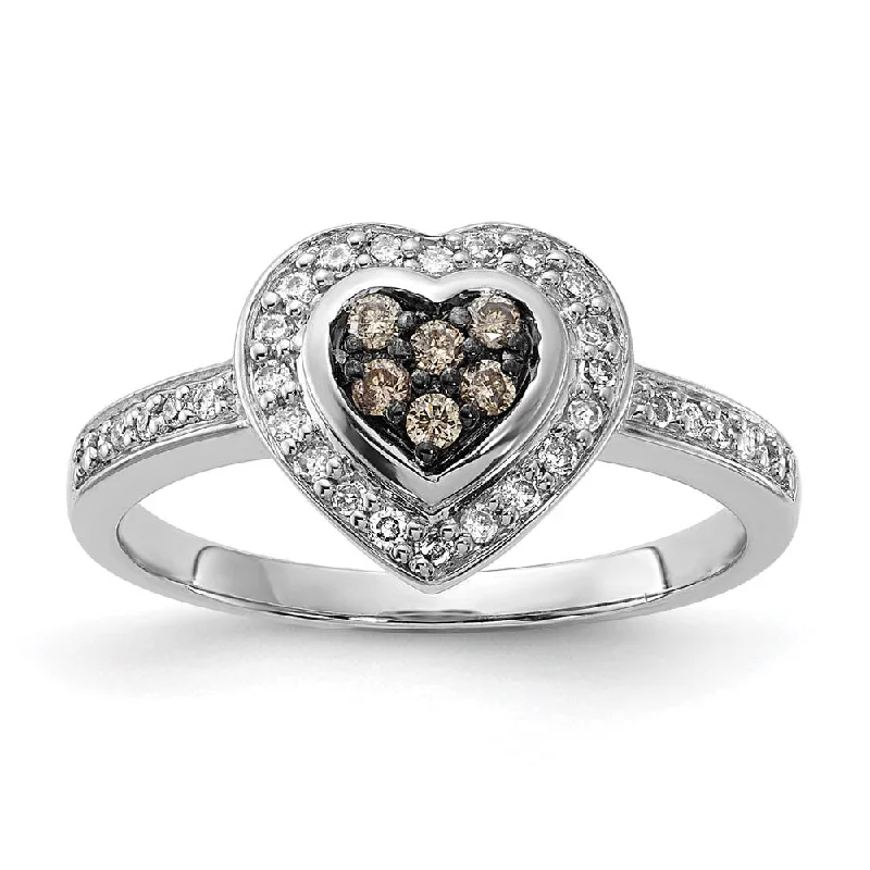 Engagement rings with heart-shaped garnet for love -1/4 Ctw Champagne & White Diamond 10mm Heart Ring in Sterling Silver