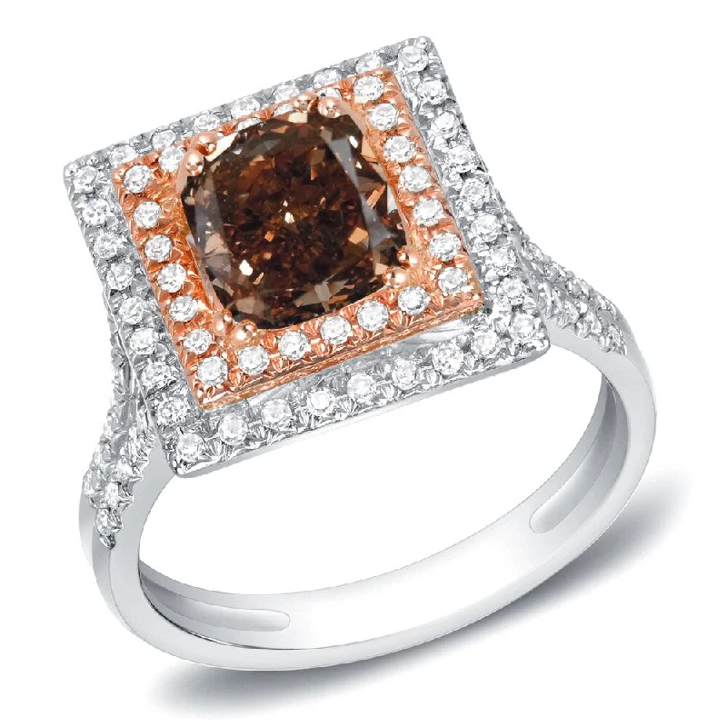 Engagement rings with raw garnet for rugged charm -14k Two-Tone Rose Gold 1 3/4ct TDW Cushion-Cut Brown Diamond Halo Engagement Ring by Auriya