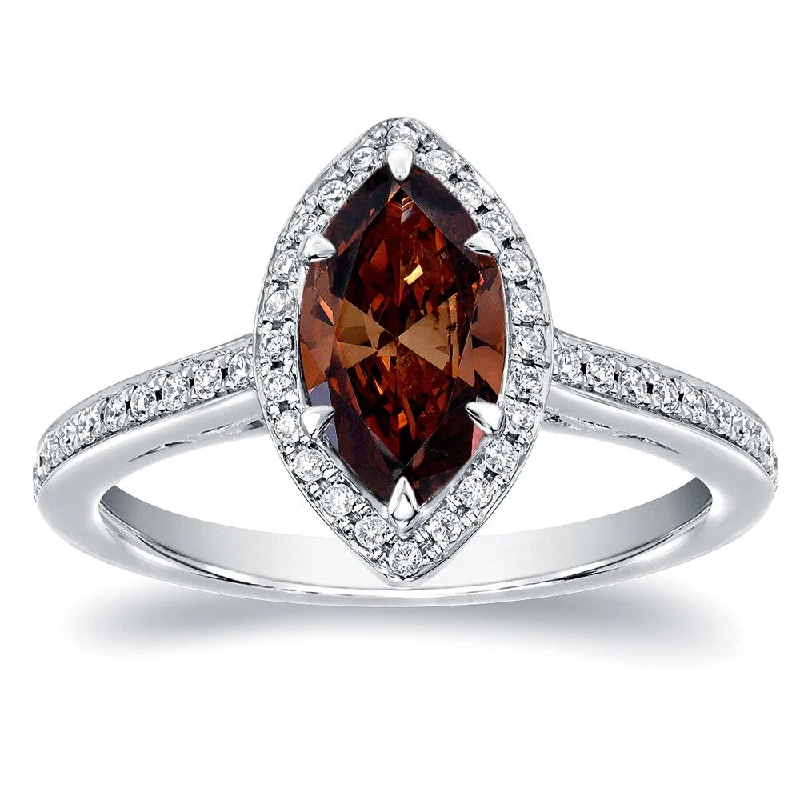 Engagement rings with bold rose-cut garnet stones -Auriya Brown Marquise Halo Diamond Engagement Ring 1 1/3ct TDW 18k White Gold