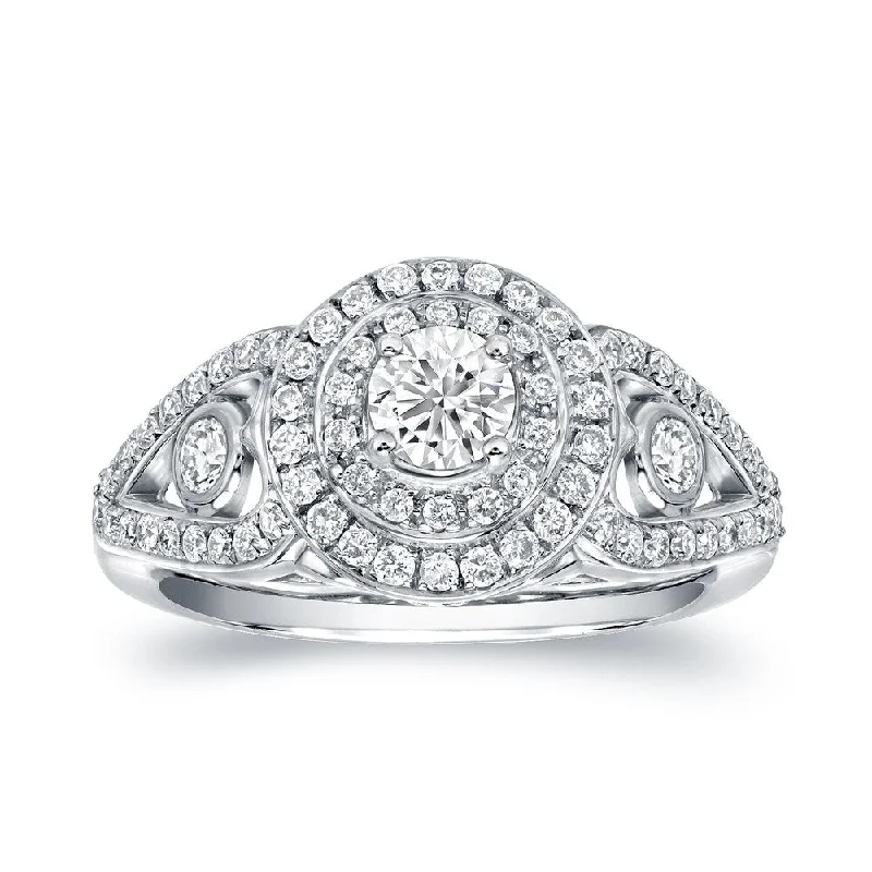 Engagement rings with split-shank topaz designs -Auriya Fancy 1 1/10ct TDW Round Halo Diamond Engagement Ring 14k White Gold