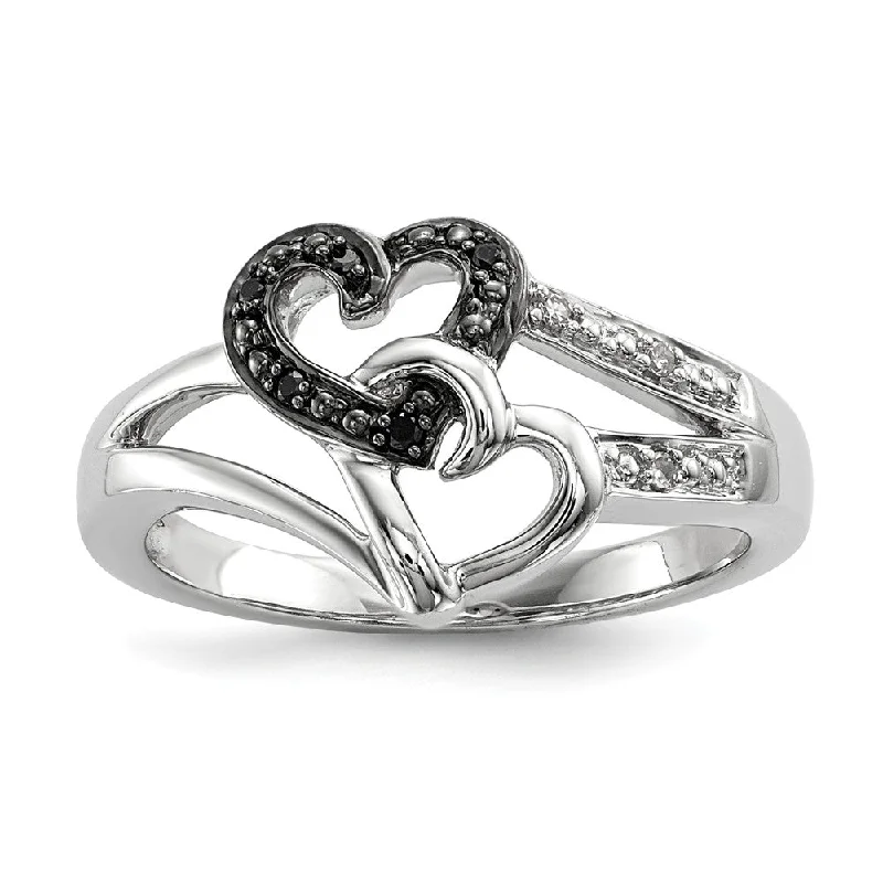 Engagement rings with mixed metal ruby bands -Black & White Diamond Double Heart Tapered Ring in Sterling Silver