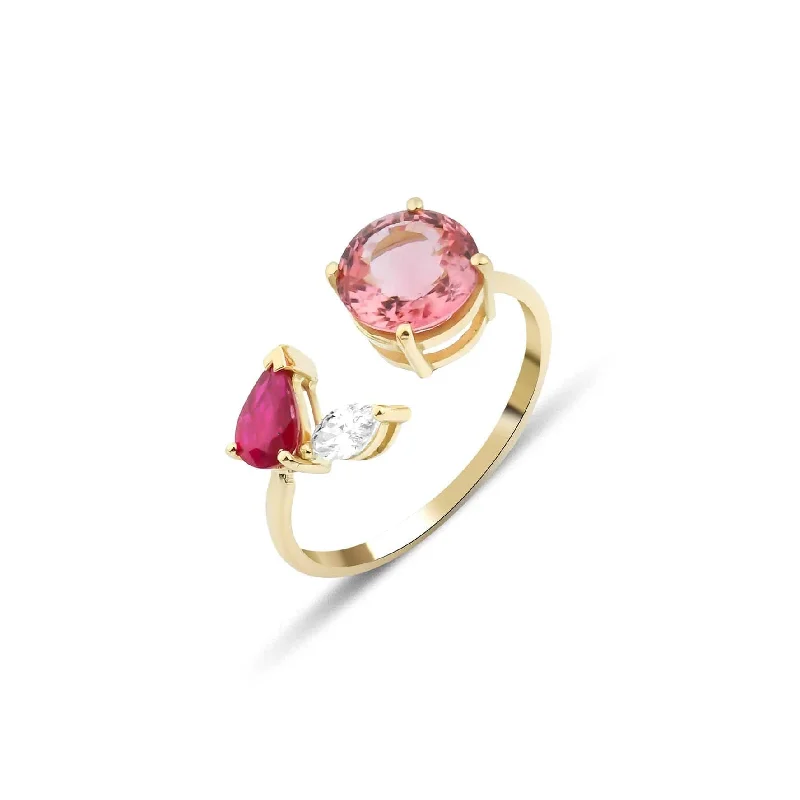 Engagement rings with vintage-inspired claw prongs -Artisia Leaf 18K Gold Ring w. Diamond, Ruby & Pink Tourmaline