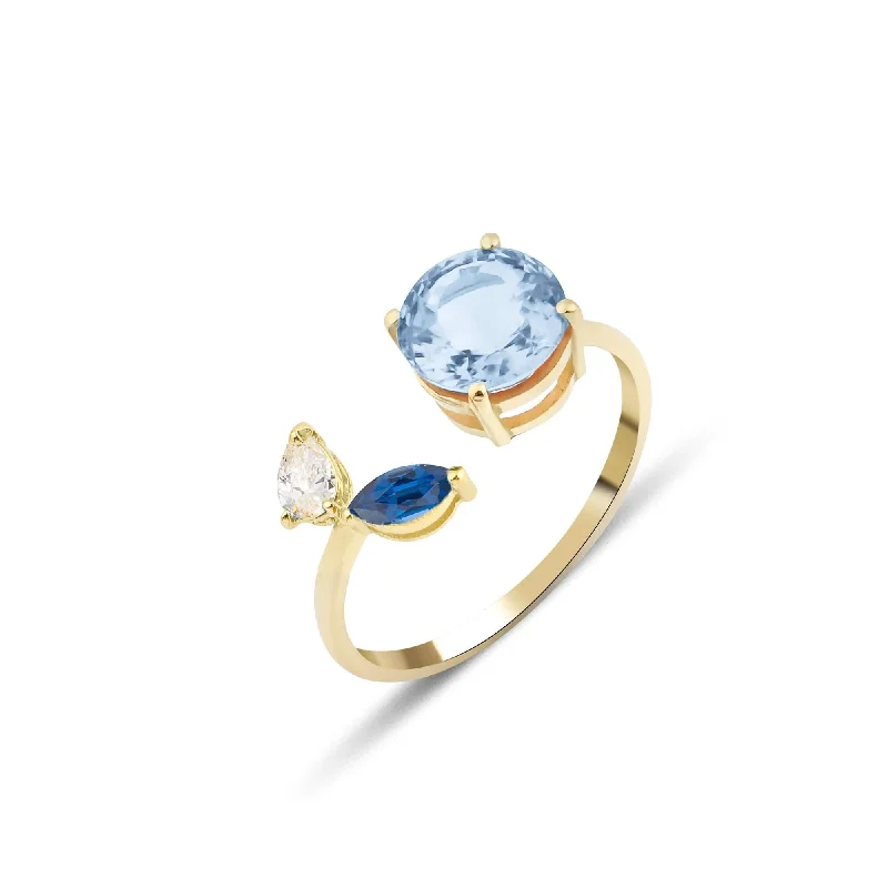 Engagement rings with sleek emerald-cut jade stones -Artisia Leaf 18K Gold Ring w. Aquamarine, Diamond & Sapphire