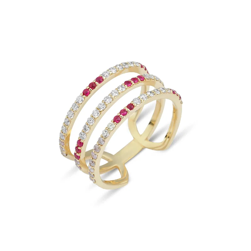 Engagement rings with twisted bands and diamonds -Artisia Triple Bar 18K Gold Ring w. Diamonds & Rubies