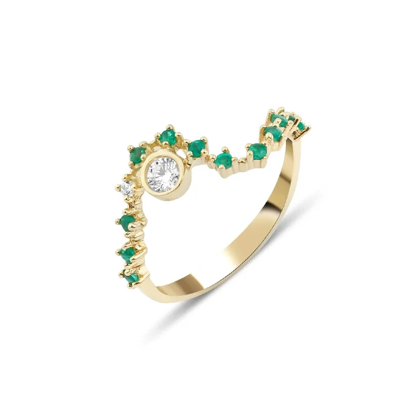 Engagement rings with pearl accents for elegance -Sonia Wave 18K Gold Ring w. White diamonds Diamonds & Emeralds