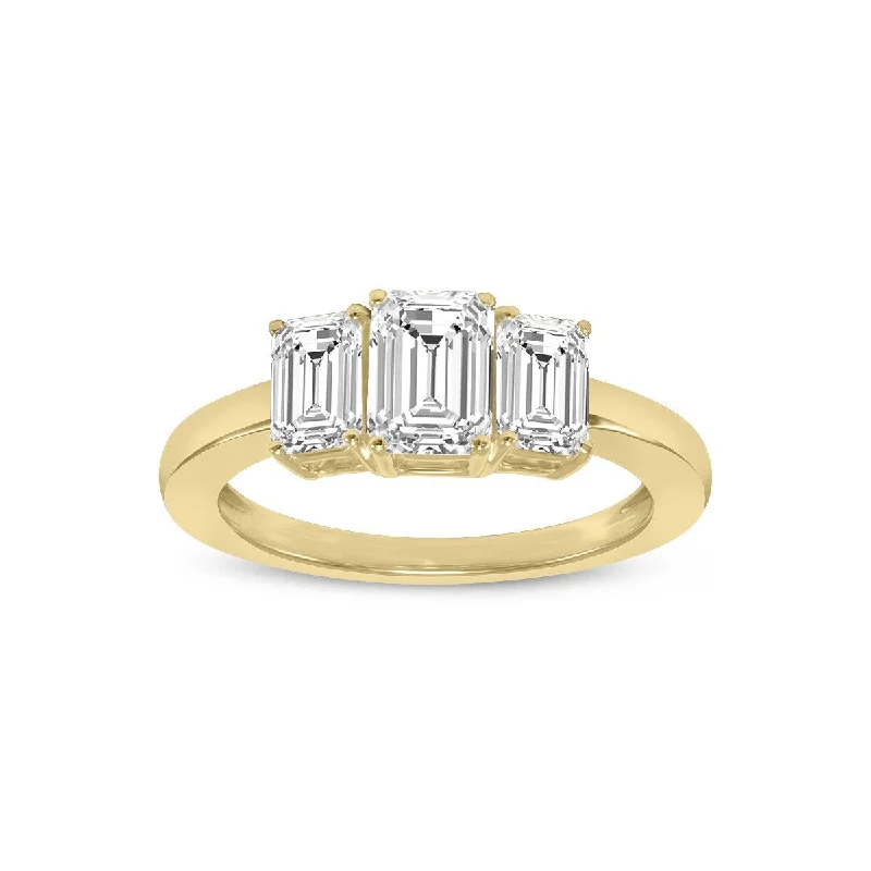 Engagement rings with asymmetrical halo of jade -Marquee 1/2 CTW Three Stone Emerald Cut Lab Grown Diamond Ring in 14K Yellow Gold