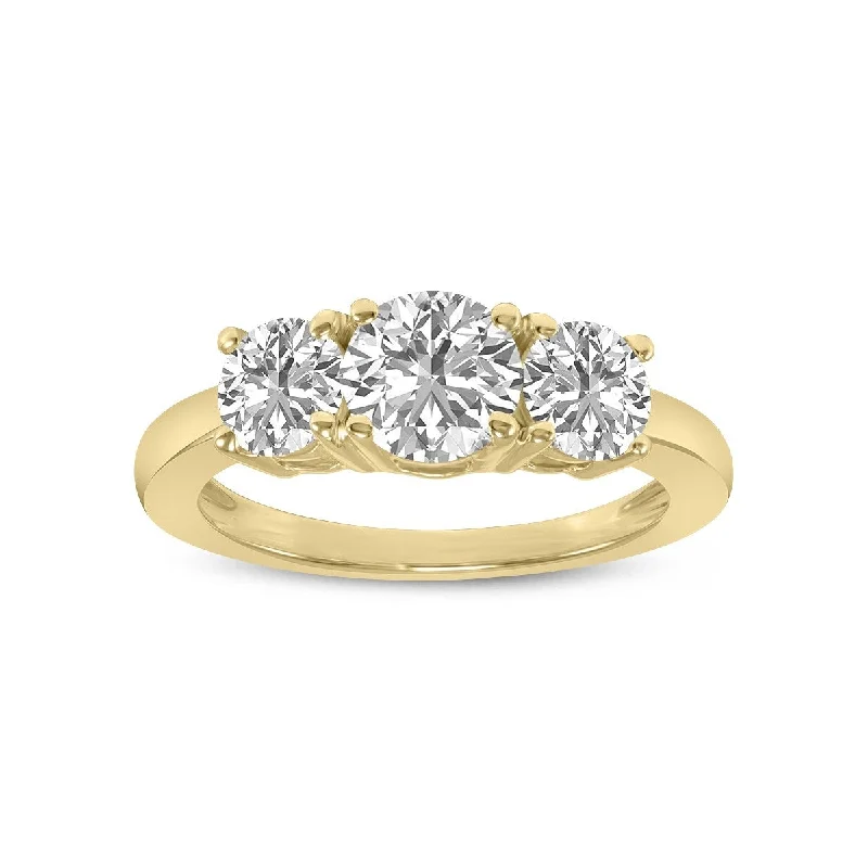 Engagement rings with floral halo of topaz -Marquee 2 CTW Three Stone Round Cut Lab Grown Diamond Ring in 14K Yellow Gold