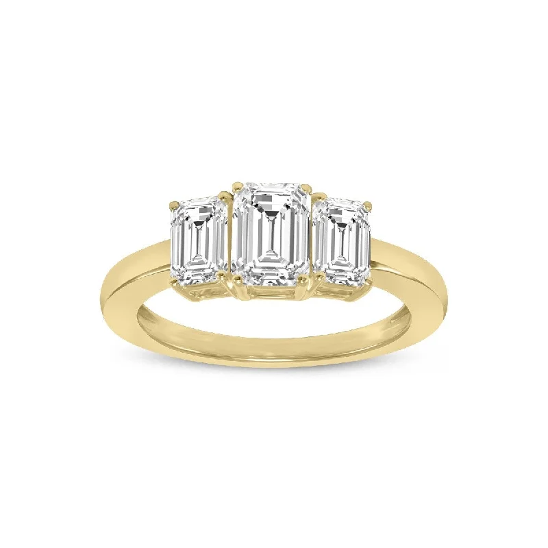 Engagement rings with starburst tiger eye glow -Marquee 3/4 CTW Three Stone Emerald Cut Lab Grown Diamond Ring in 14K Yellow Gold