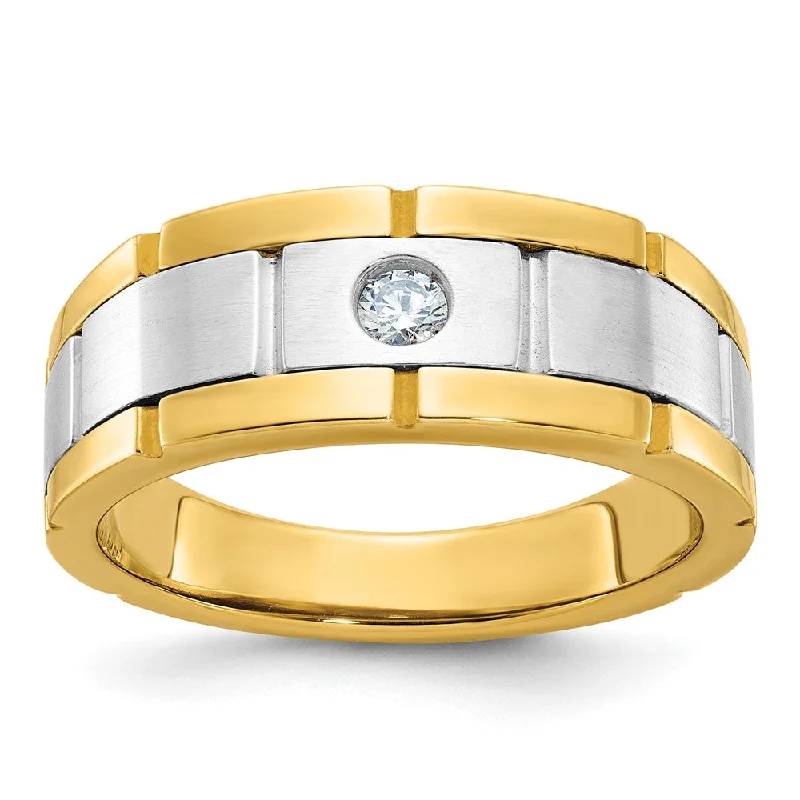 Engagement rings with carved moonstone band patterns -Men's 8.75mm 10K Two Tone Gold 1/10 Ct Diamond Grooved Tapered Band