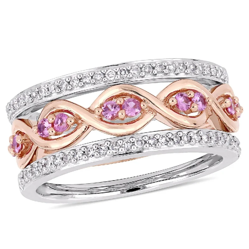 Engagement rings with bold labradorite center stones -Miadora 1/4ct TDW Diamond Pink Sapphire 3-Piece Infinity Ring Set in 14k Two-Tone Gold