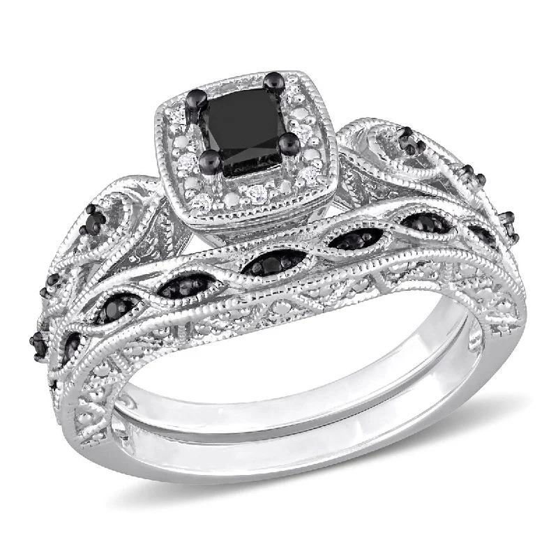 Engagement rings with infinity twist diamond bands -Miadora 5/8ct TDW Princess Round-Cut Black White Diamond Bridal Ring Set in Sterling Silver