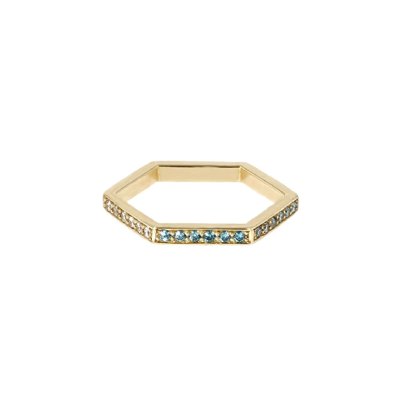 Engagement rings with subtle engraved turquoise bands -Hexagon Rainbow 14K Gold Ring w. Diamonds