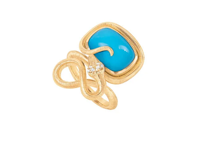 Platinum engagement rings featuring bold turquoise gems -Snakes Petite 18K Gold Ring w. Diamonds & Turquoise