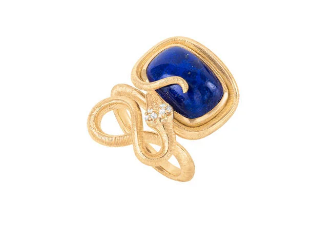 Engagement rings with asymmetrical halo of jade -Snakes Petite 18K Gold Ring w. Diamonds & Lapis