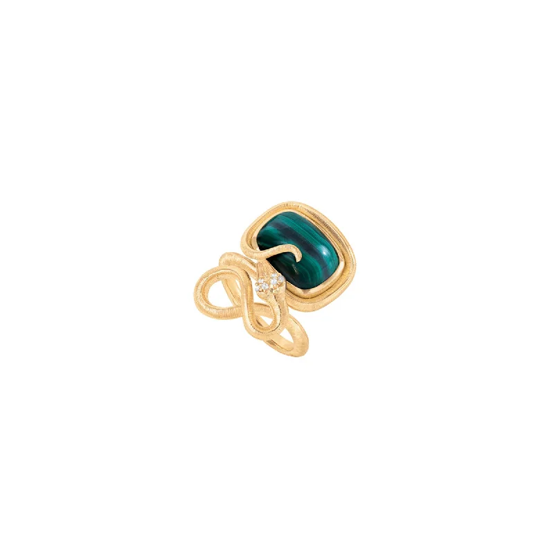 White gold engagement rings with radiant opal stones -Snakes Petite 18K Gold Ring w. Diamonds & Malachite