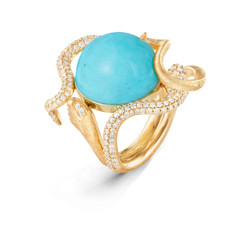 Engagement rings with cushion-cut aquamarine stones -Snakes Pavé 18K Gold Ring w. Diamonds & Turquoise