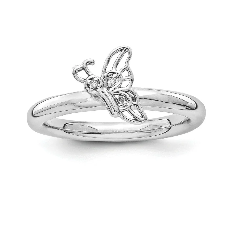 Engagement rings with split-shank topaz designs -Rhodium Sterling Silver .015 Ctw Diamond 9mm Butterfly Stackable Ring