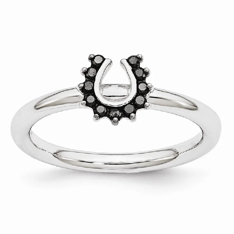 Engagement rings with engraved initials inside bands -Rhodium Sterling Silver .11 Ctw Black Diamond 7mm Horseshoe Stack Ring